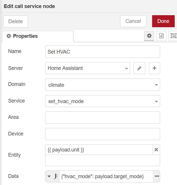 Nœud call service dans Node-RED avec le service set_hvac_mode