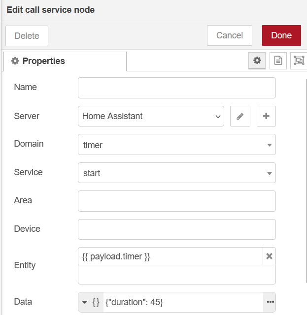 Nœud call service dans Node-RED pour démarrer le minuteur de l’unité