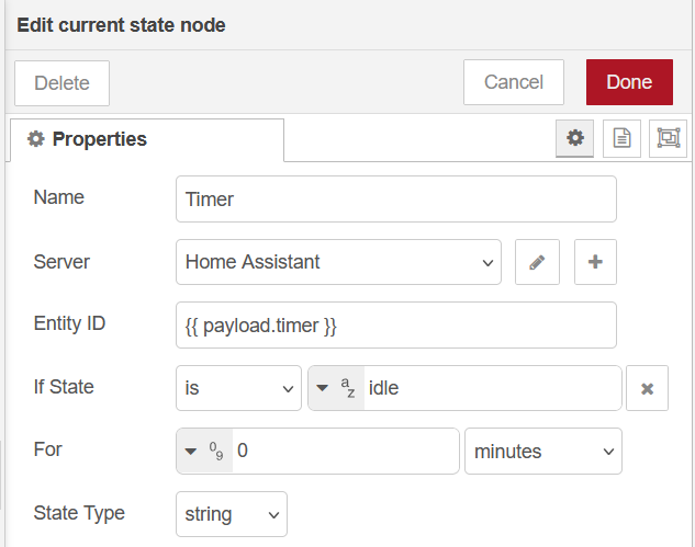 Nœud current state dans Node-RED pour vérifier le verrou temporaire