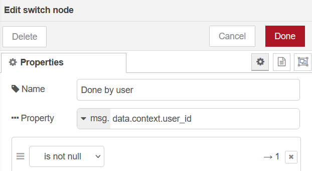 Nœud switch dans Node-RED pour vérifier que user_id n’est pas nul