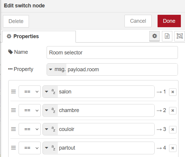 Nœud “switch” dans Node-RED pour sélectionner la configuration en fonction de la pièce