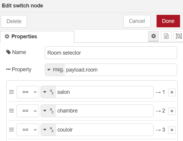 Nœud “switch” dans Node-RED basé sur la pièce pour diriger vers le bon watchdog