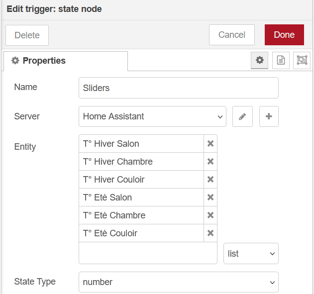 Nœud trigger state dans Node-RED pour les curseurs