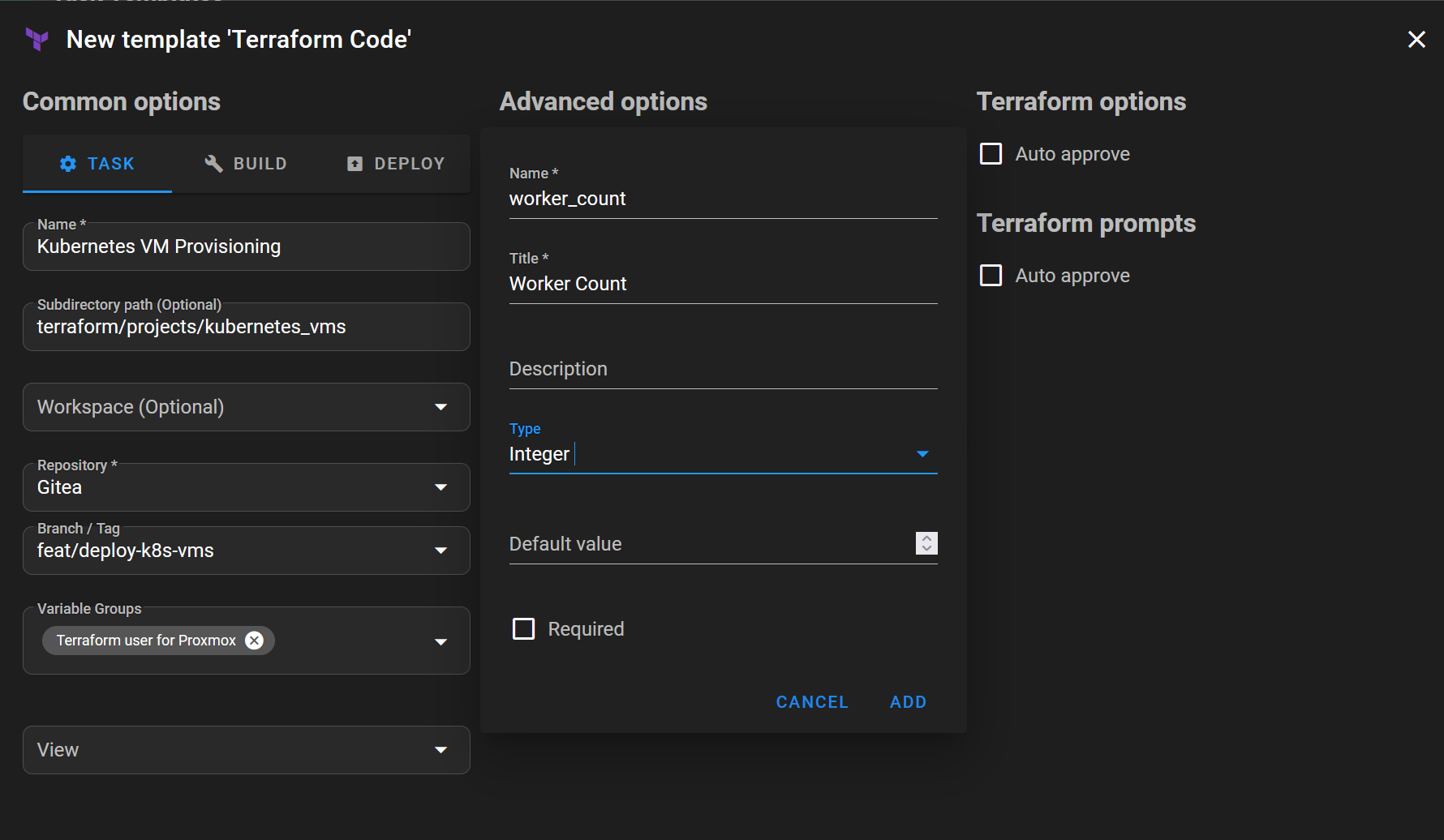 Semaphore task template for deploying the Kubernetes VMs.