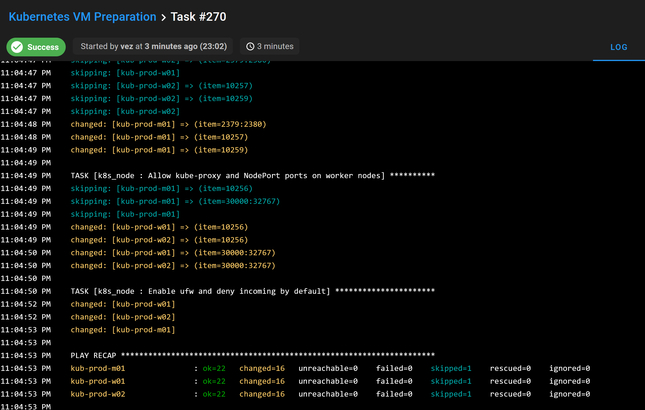Semaphore task template for preparing the Kubernetes nodes with Ansible.