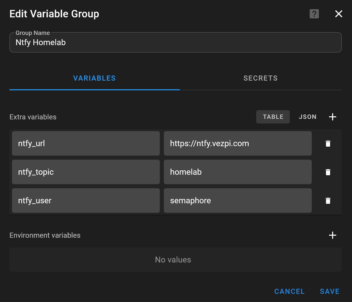 Semaphore variable group used to store the Ntfy configuration for homelab notifications
