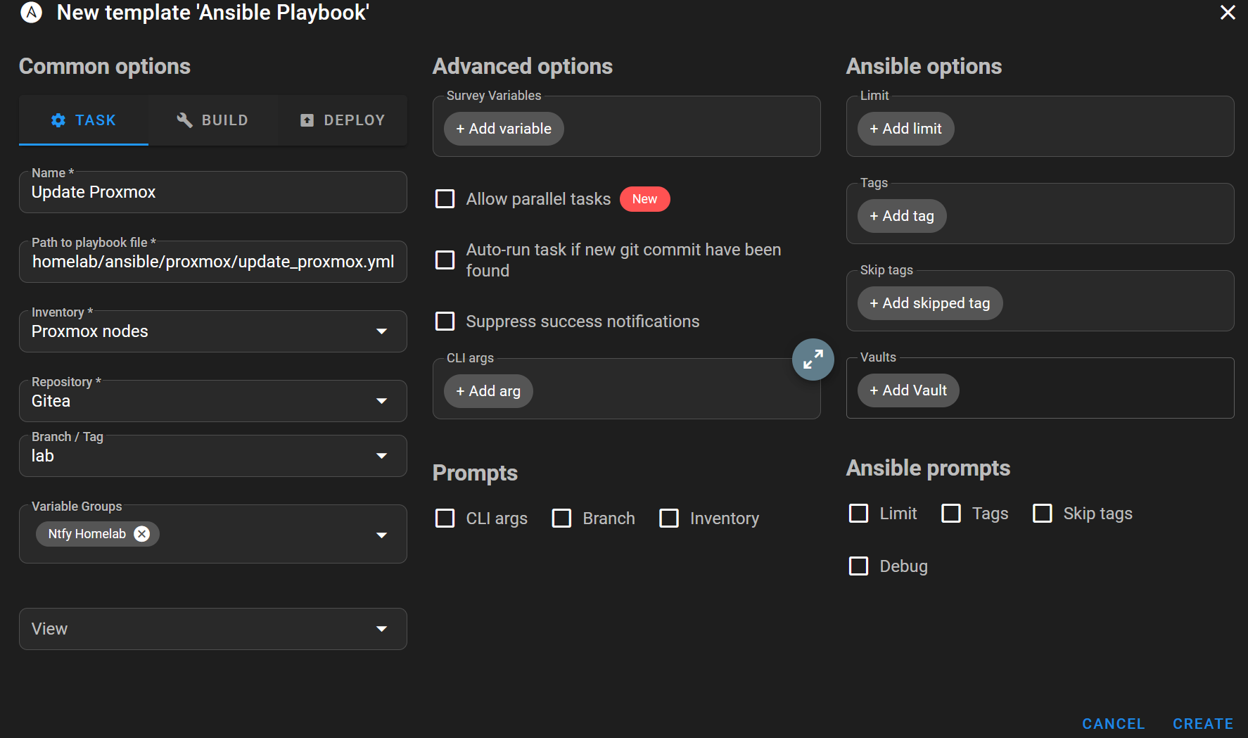 Semaphore task template used to run the Proxmox update playbook