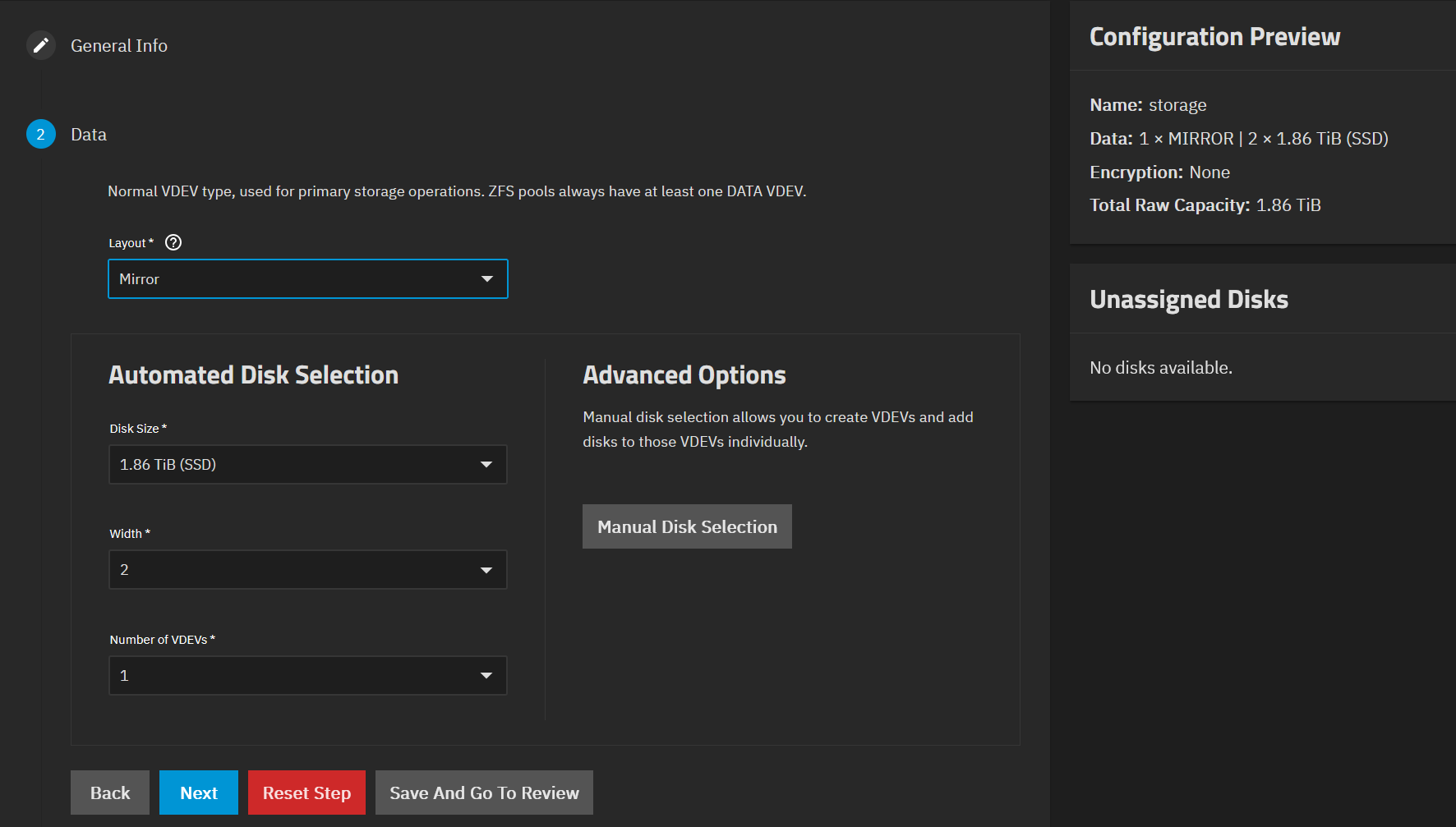 Disk layout selection in the pool creation wizard in TrueNAS