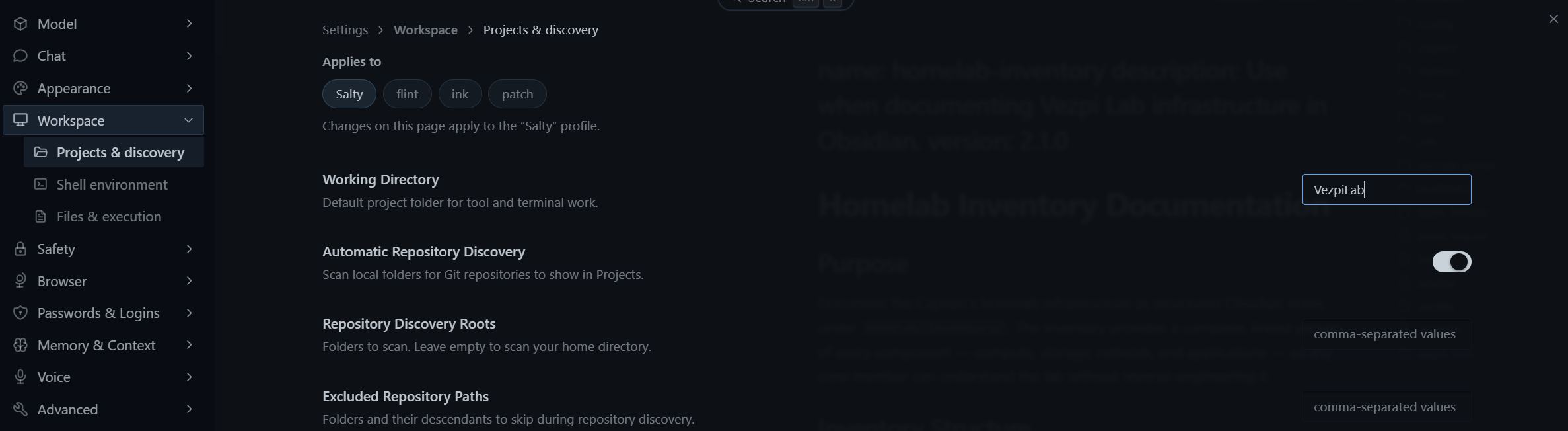 The workspace setting gives each profile the same starting directory for the project.