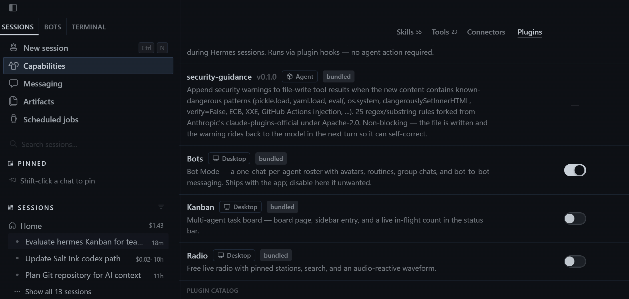 The Kanban plugin in the Capabilities menu, before I enable it.