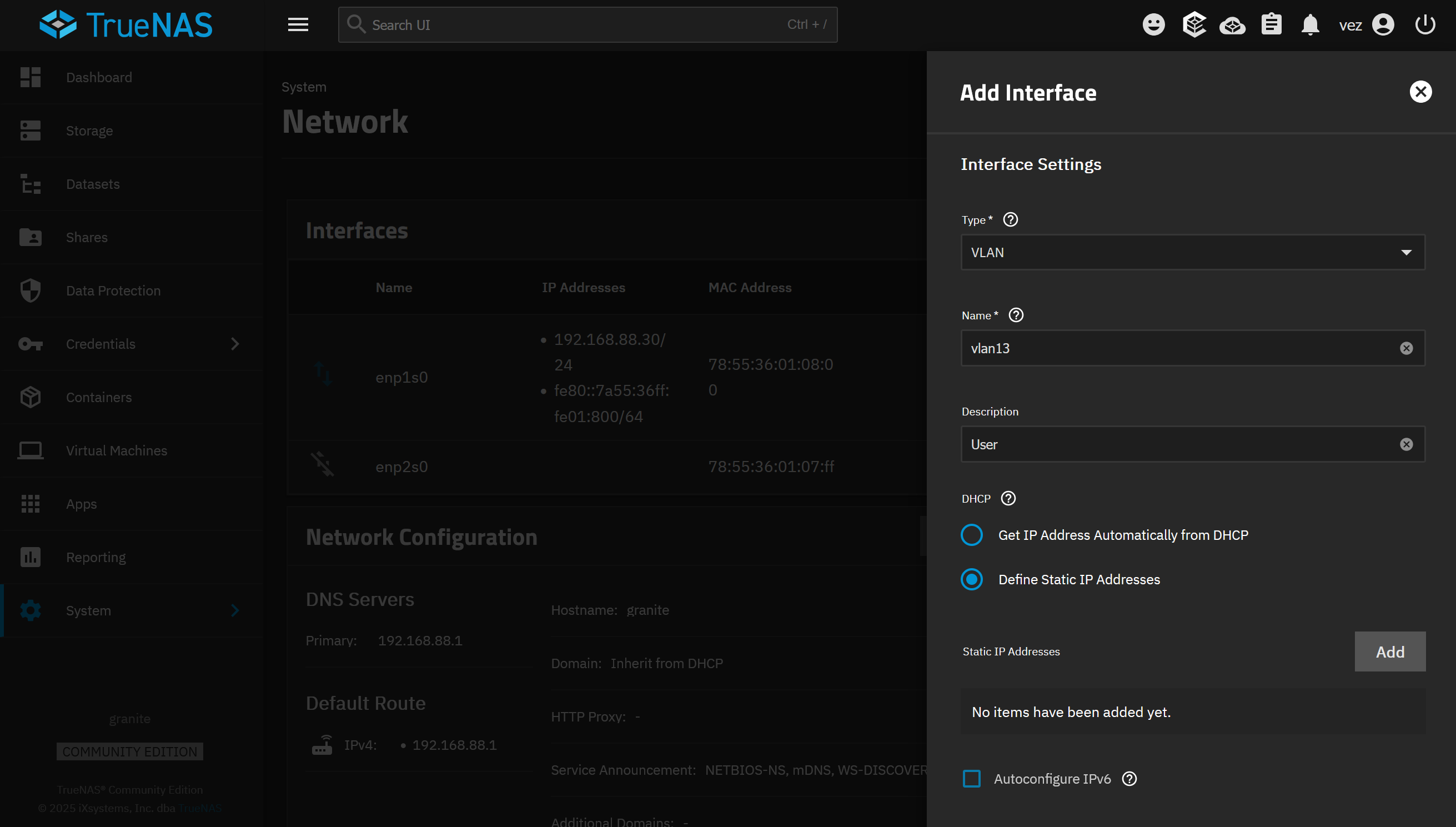 Create the User VLAN interface in TrueNAS