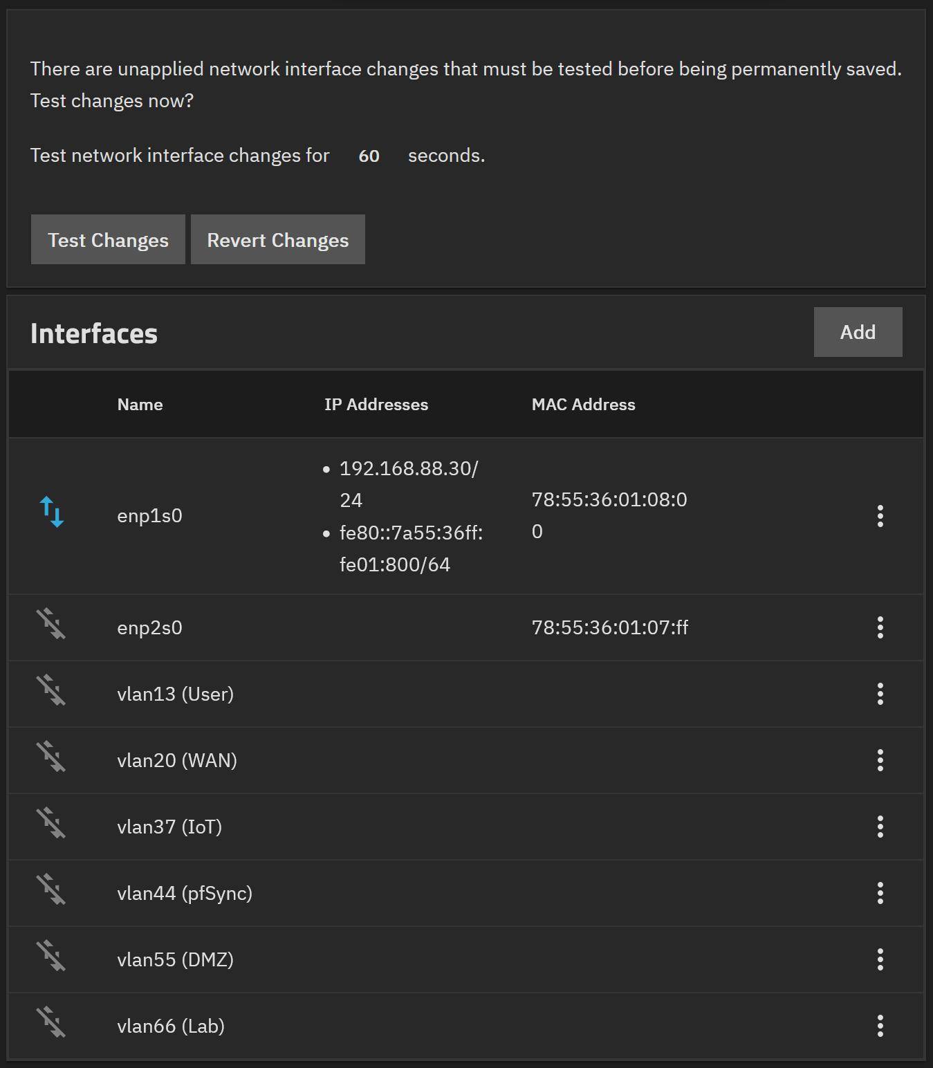 Confirm the VLAN interfaces before applying the network changes