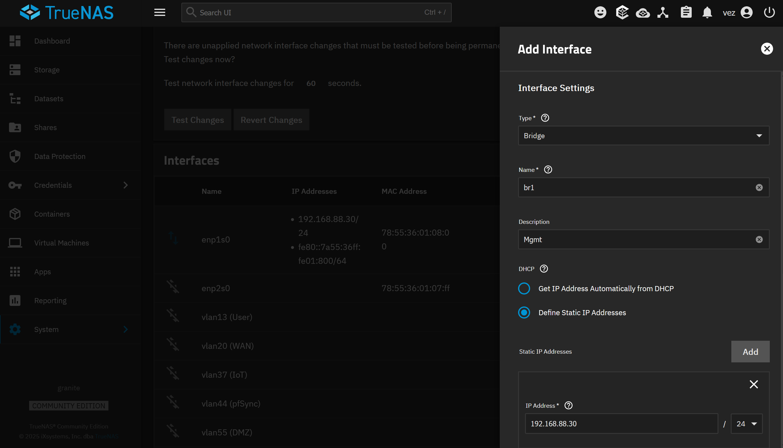 Create the management bridge for TrueNAS and the OPNsense VM