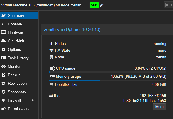 VM sur l’interface Proxmox déployé avec le module Terraform