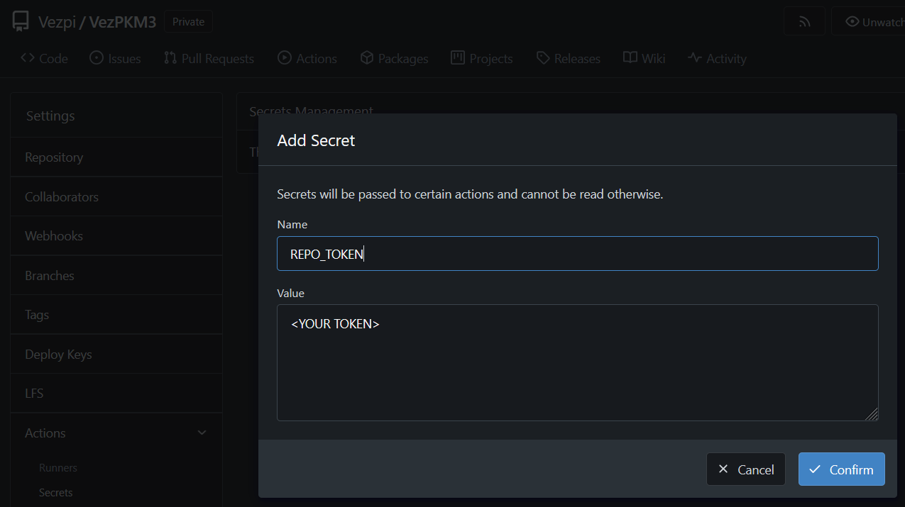 Add secret window for repository in Gitea