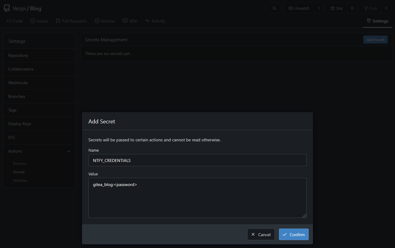 Add a secret in the blog Gitea repository