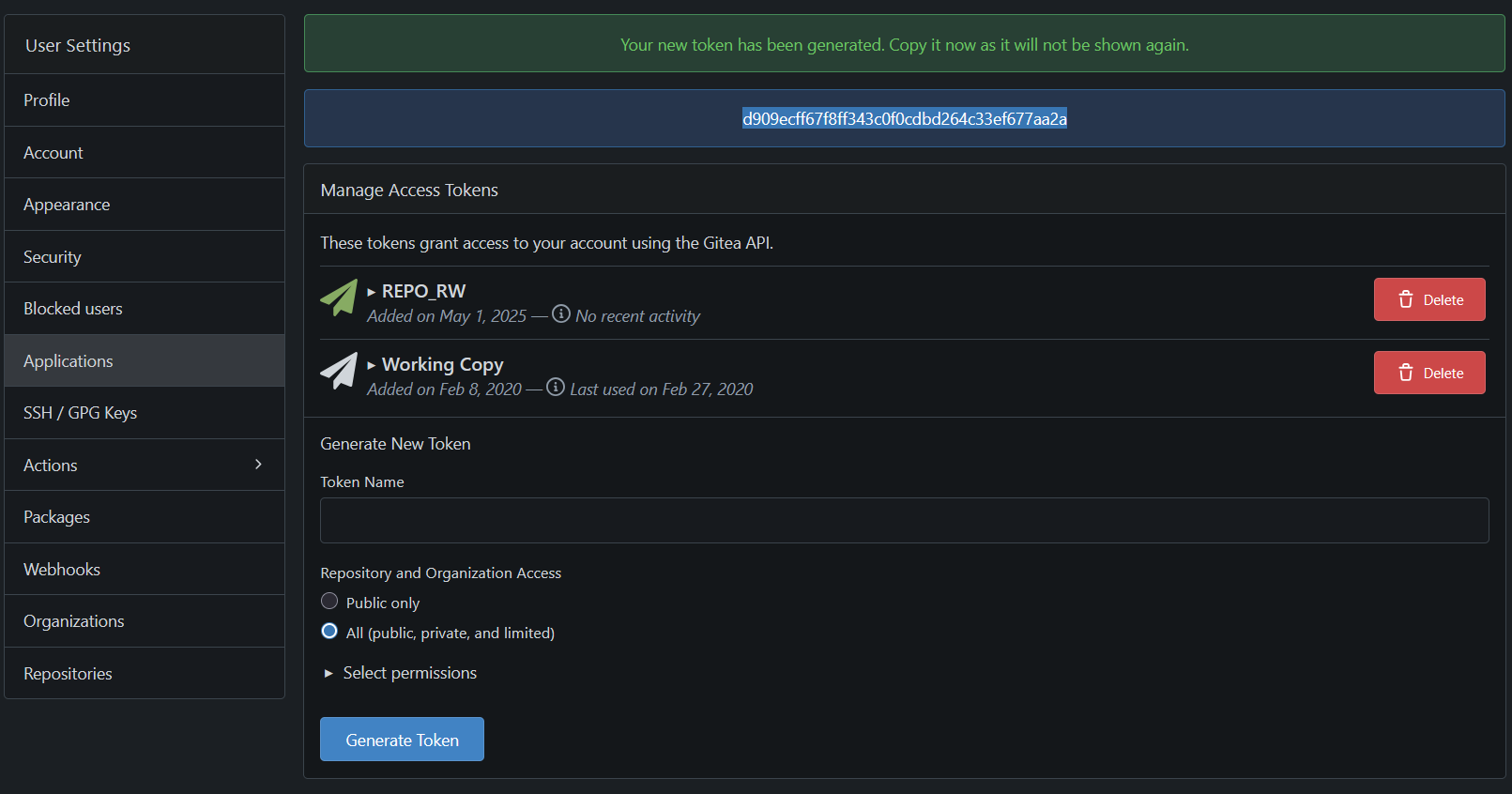 New personal access token creation in Gitea