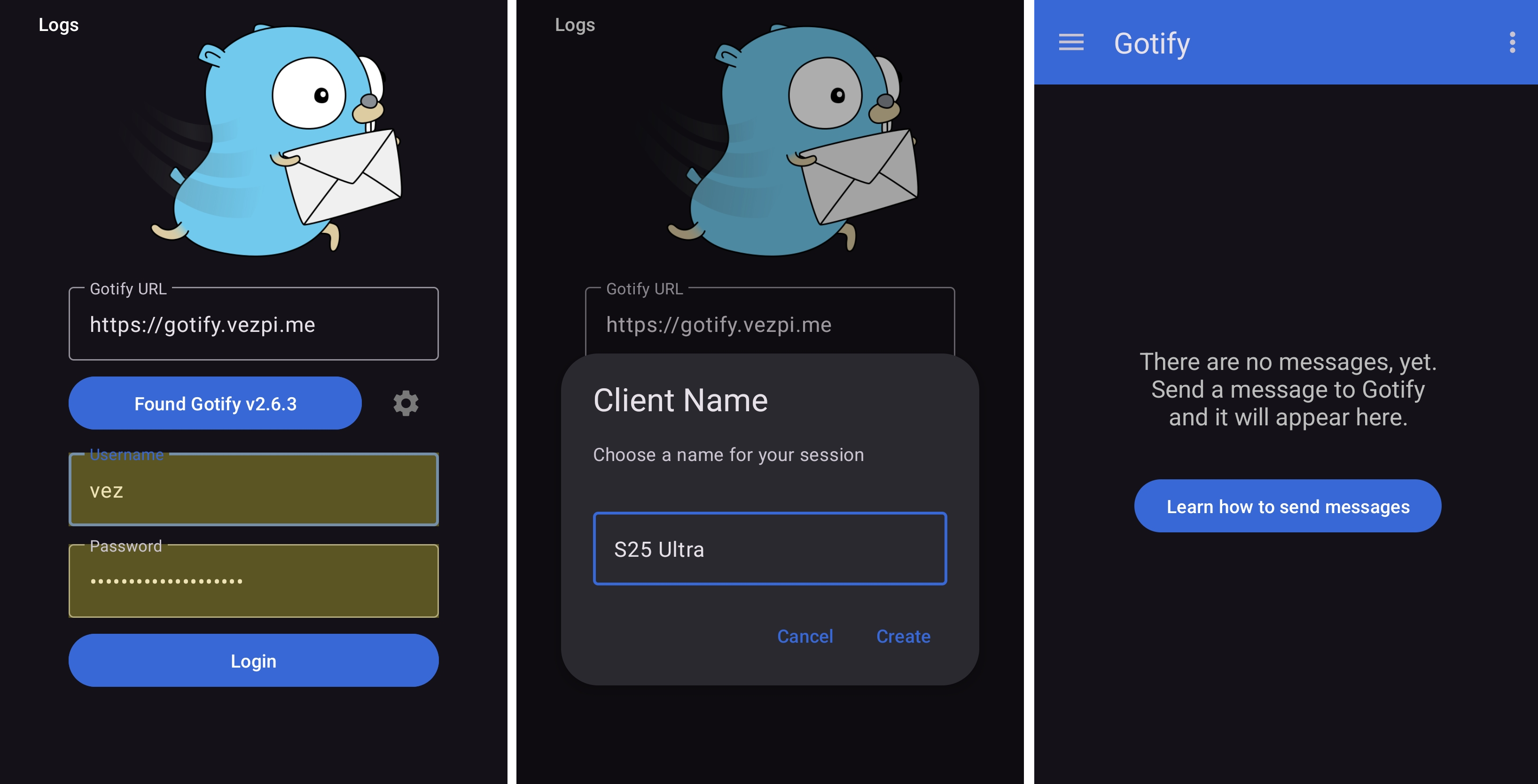 Capture d’écran de l’application Android Gotify pour la page de connexion