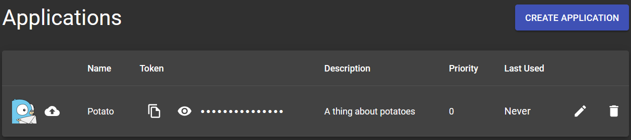 Gotify application list showing my new Potato application