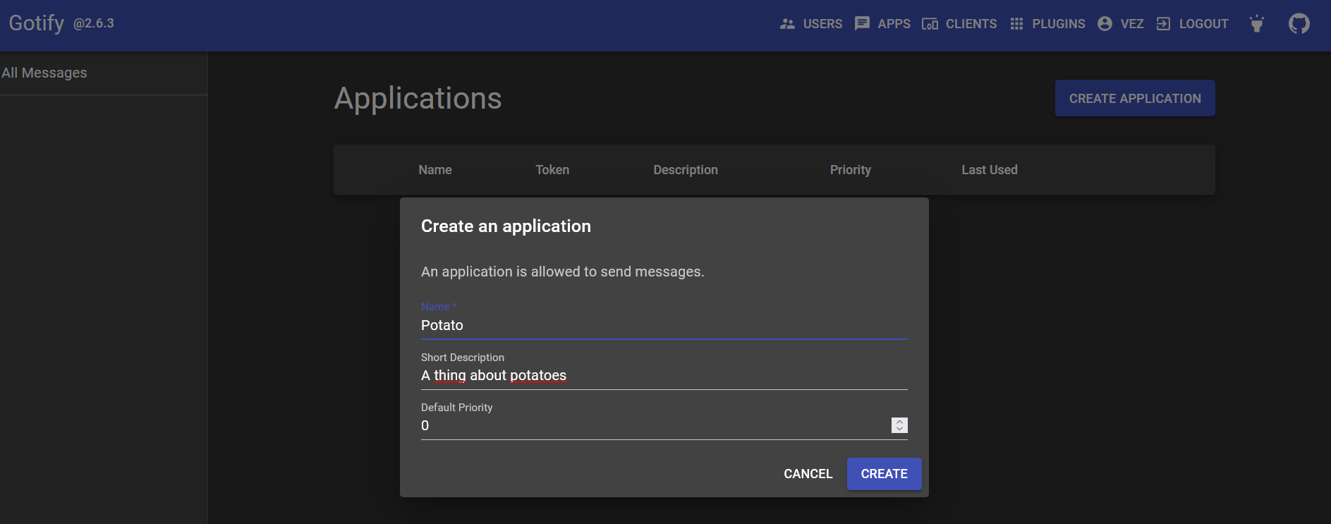 Create an application on Gotify