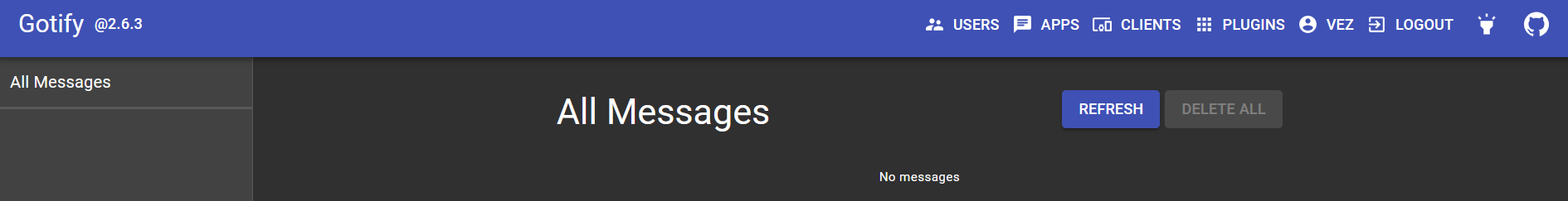 Gotify dashboard on a fresh installation