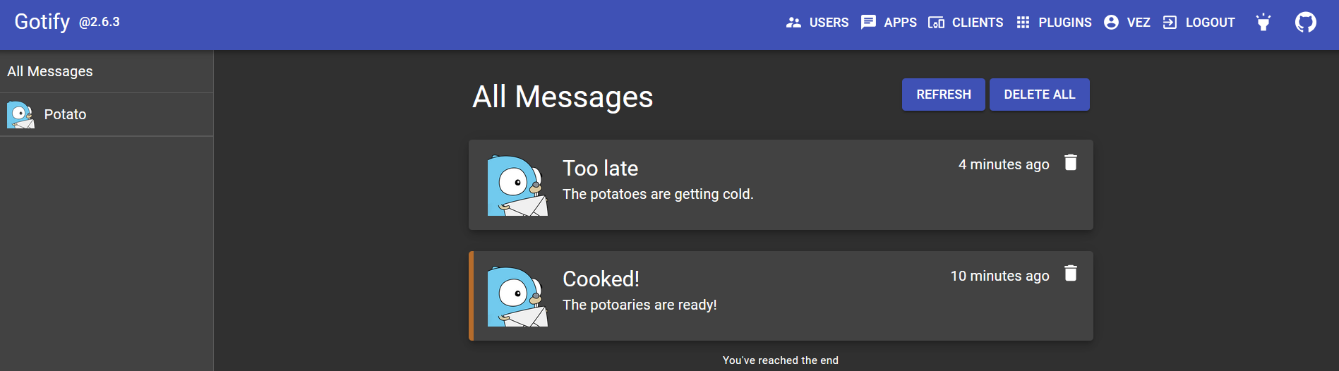 Messages received on Gotify WebUI