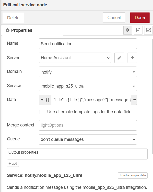 Node-RED call service node for notification