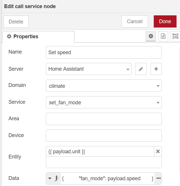 Node-RED call service node with set_fan_mode