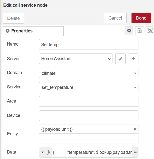 Node-RED call service node with set_temperature service