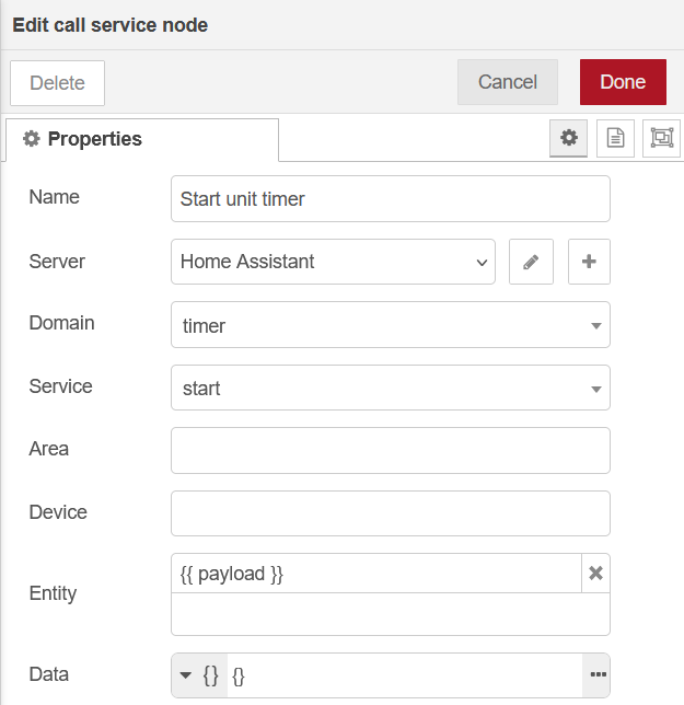Node-RED call service node start timer with default duration