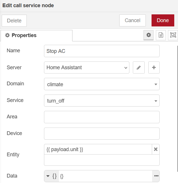 Node-RED call service node with turn_off service