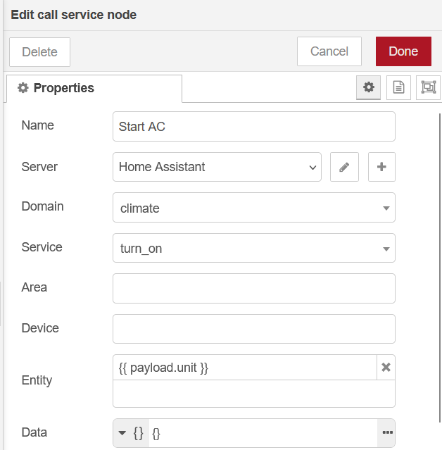 Node-RED call service node with turn_on service