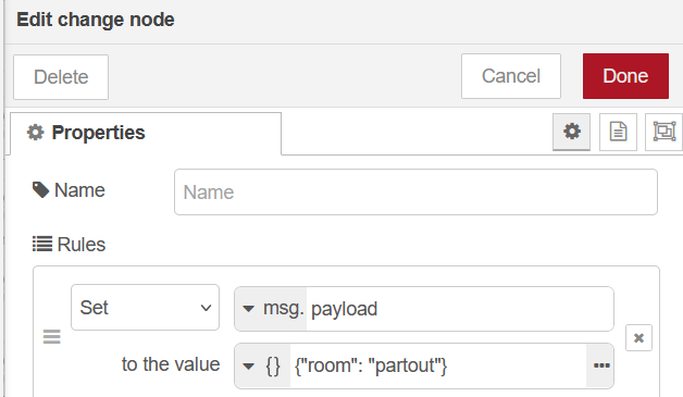 Node-RED change node to set room to partout