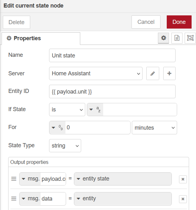 Node-RED current state node to get current unit state