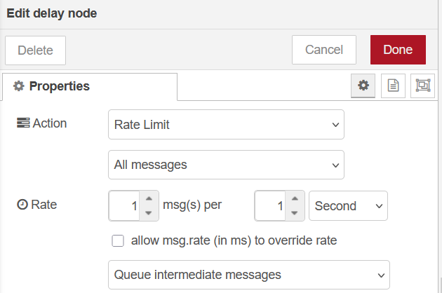 Node-RED delay node to limit the rate to 1 message per second