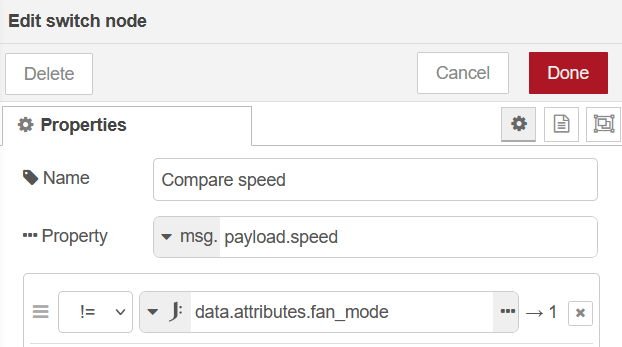 Node-Red switch node to compare speed