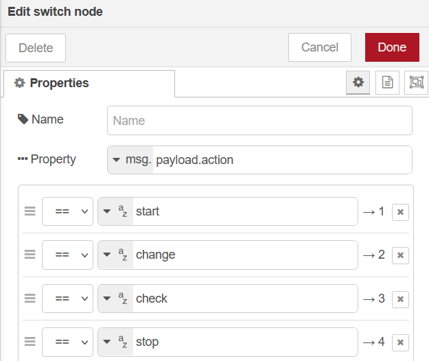 Node-RED switch node pour sélectionner l’action