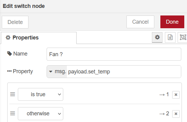 Node-RED switch node for set_temp
