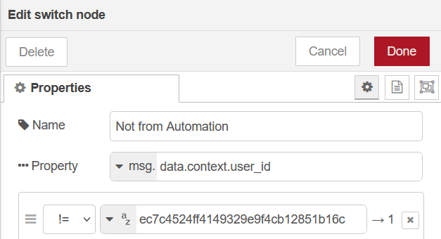 Node-RED switch node not specific user_id