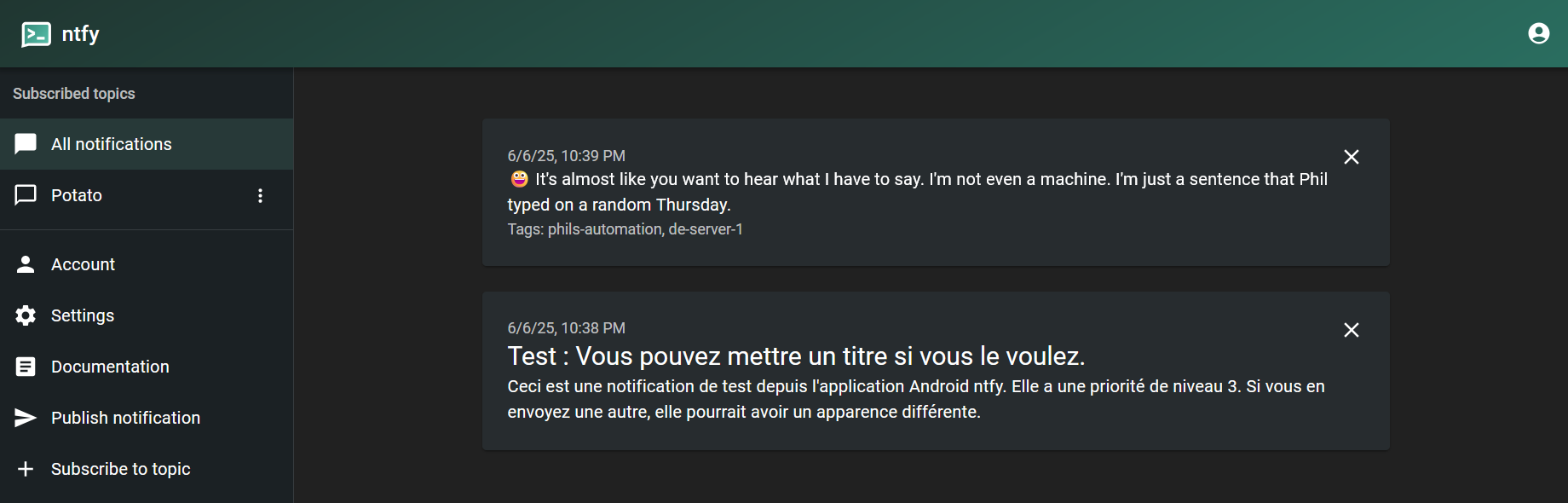 Example messages in Ntfy