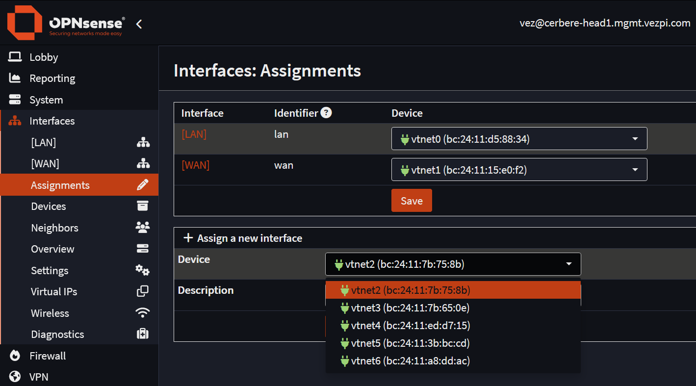 Assign interfaces menu in OPNsense