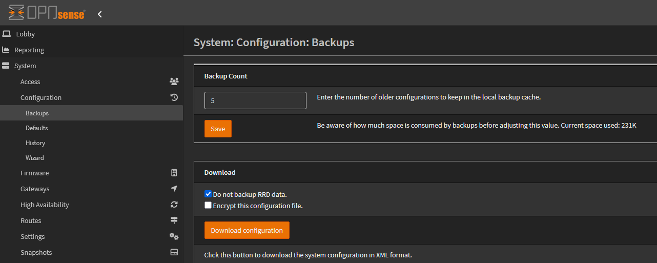 Backup configuration in OPNsense