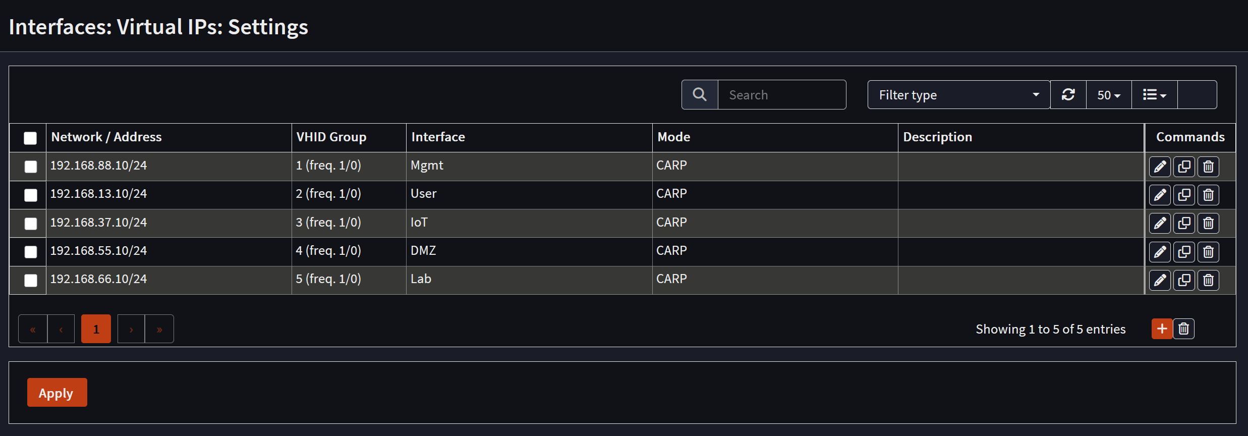 Liste des IPs virtuelles dans OPNsense