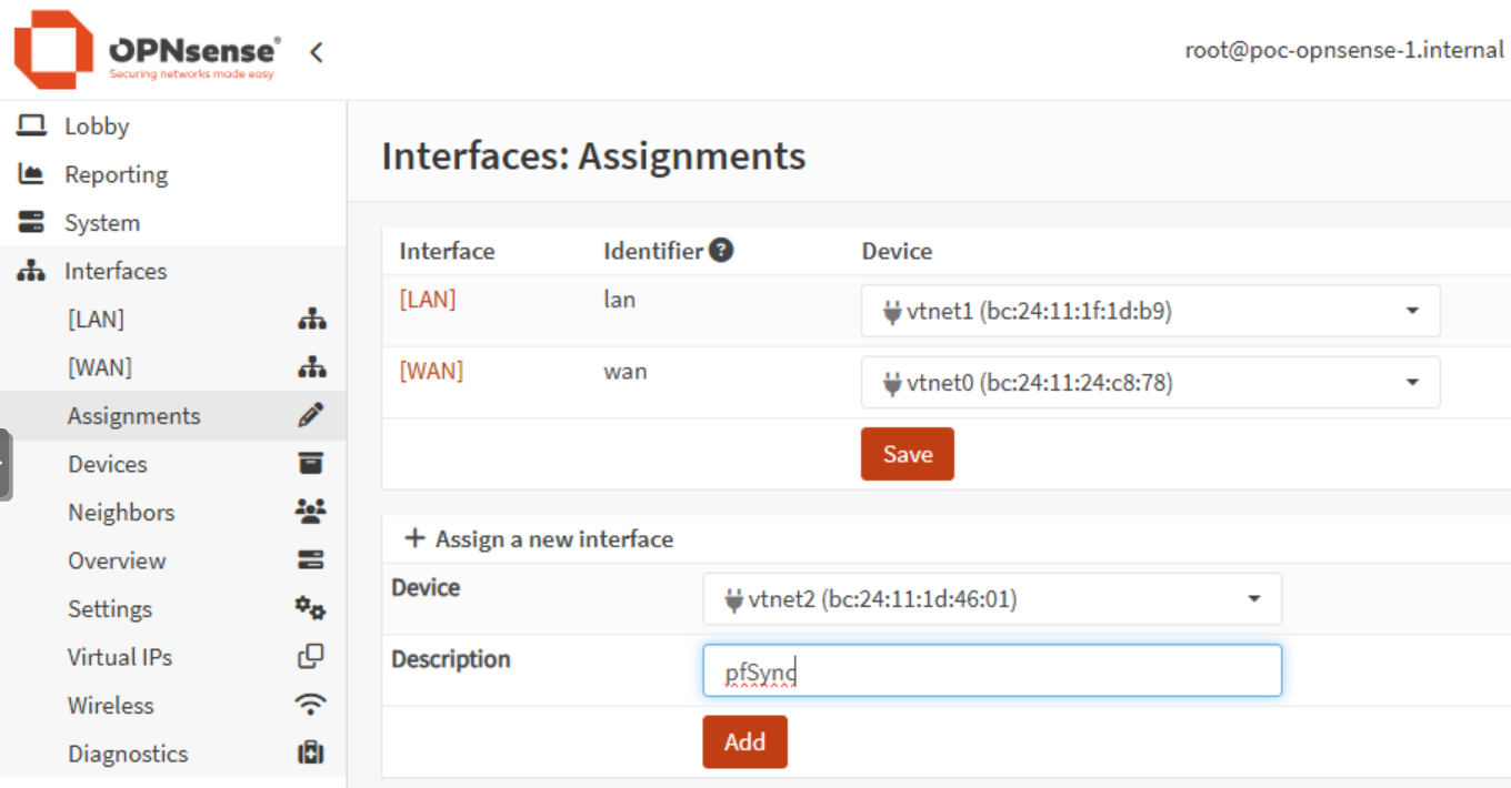 Add pfSync interface in OPNsense