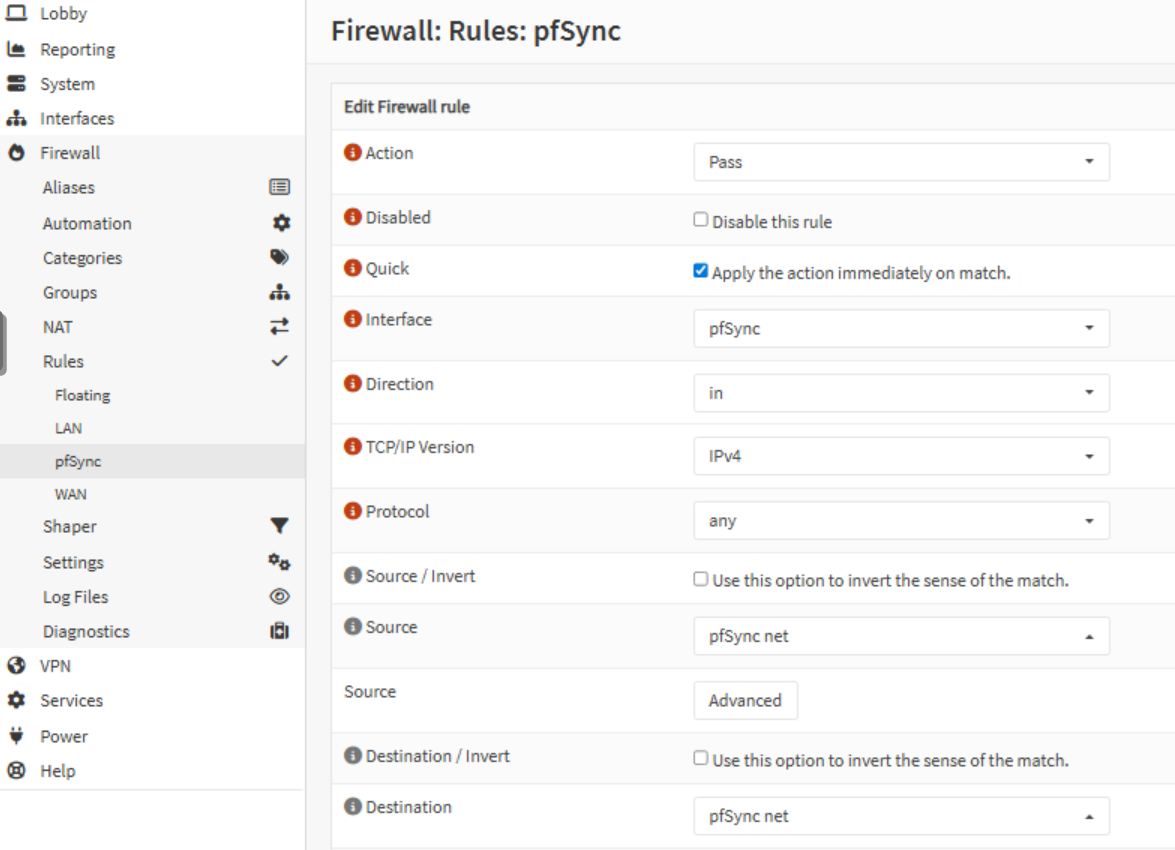 Create new firewall rule on pfSync interface to allow any traffic in that network