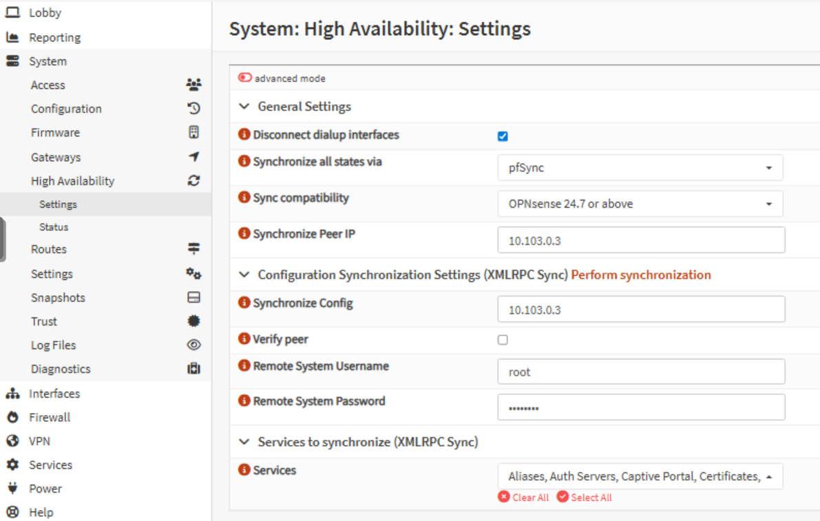 OPNsense High Availability settings