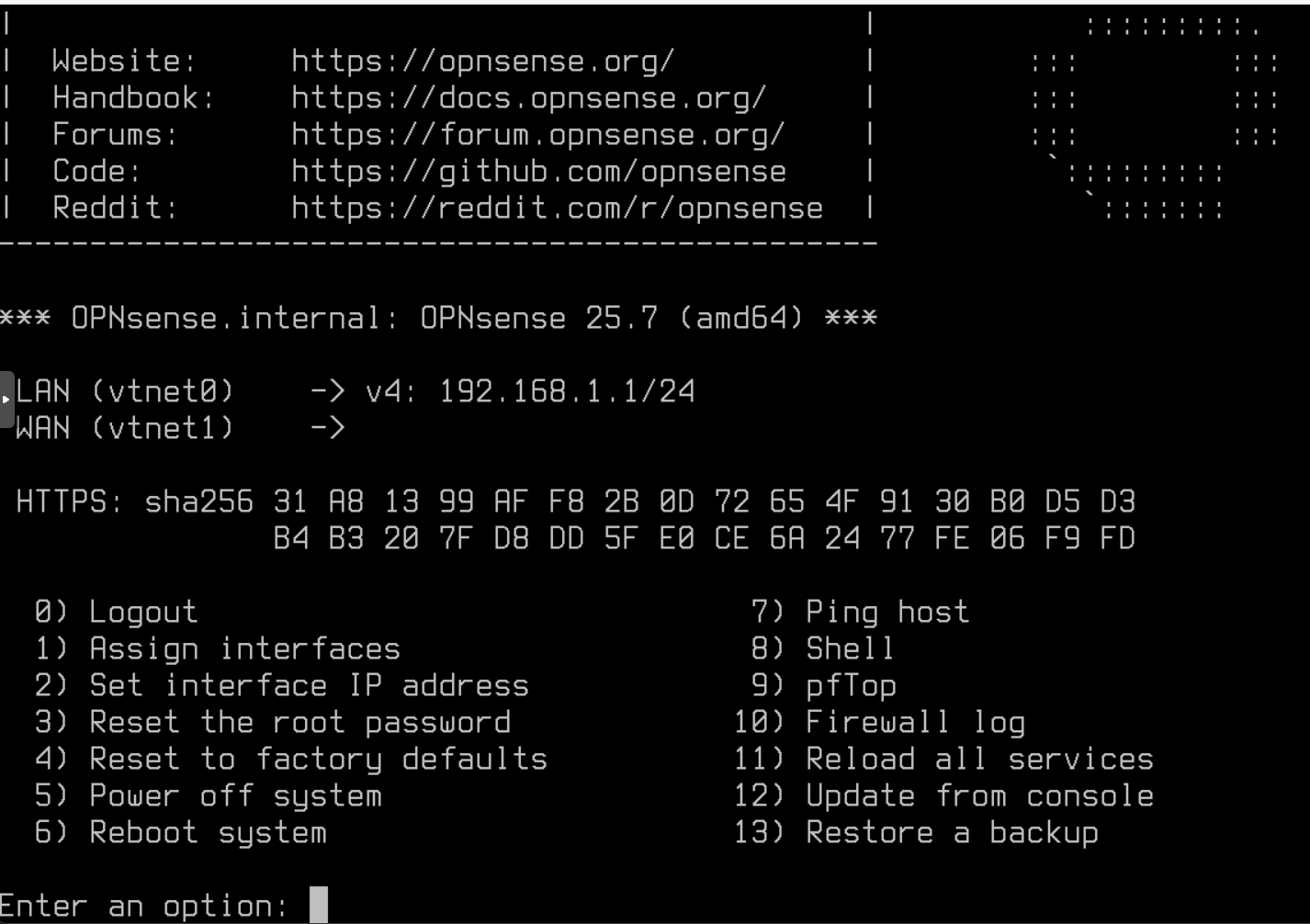 Menu CLI après une installation fraîche d’OPNsense