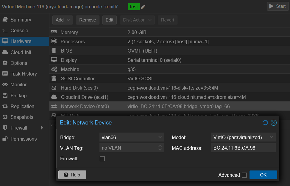Change the network bridge in a VM