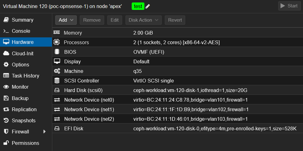 OPNsense VM settings in Proxmox