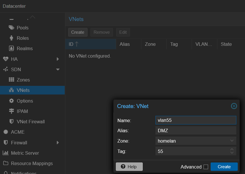 Create a VNet for VLAN 55 in the homelan zone